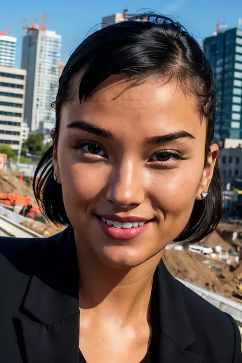 asuka, brown eyes, short black hair,black suit jacket, black shirt,looking at viewer,smiling, close up, outside, construction site, cityscape, high quality, masterpiece, <lora:asuka:.8>