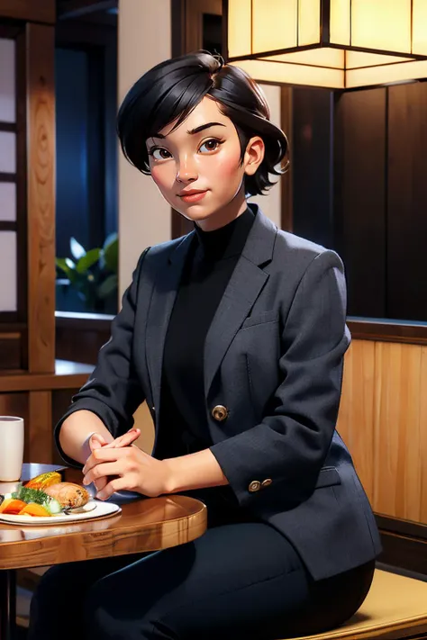 asuka, brown eyes, short black hair,black suit jacket, black shirt, black pants,looking at viewer,serious, smirk, sitting, inside Japanese restaurant, table full of food, sushi, sake bottle, playful ambiance, high quality, masterpiece <lora:asuka:.8>