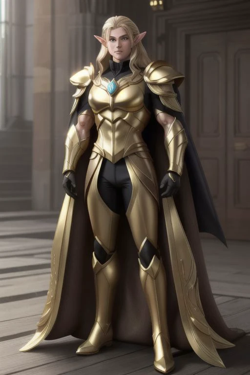 a woman in a gold outfit and cape stands in a room