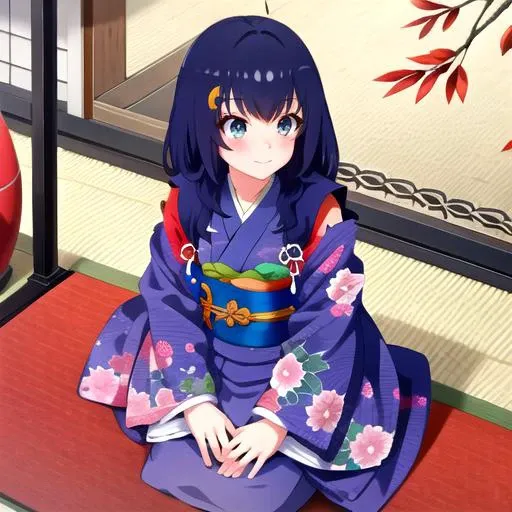 <lora:Shizuka-09:0.8>, shizukawds, looking at viewer, blush, smile, hair ornament, sitting, closed mouth, japanese clothes, kimono, sash, obi, floral print, crescent, seiza, blue kimono, crescent hair ornament, bamboo