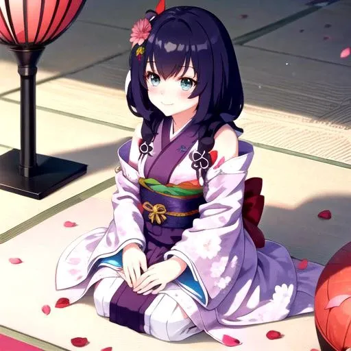 <lora:Shizuka-09:0.8>, shizukawds, looking at viewer, blush, smile, short hair, holding, sitting, flower, japanese clothes, wide sleeves, kimono, petals, hand fan, seiza, folding fan, holding fan, layered clothes