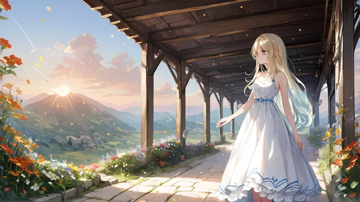 score_9,score_8_up,score_7_up,score_6_up, pottsness style, 1girl, solo, <lora:pottsness_style_xl:1>, stone path, countryside, white dress, long hair, blue eyes, looking aside, detailed eyes, upper body, <lora:lightXL:1.2>, neolight, light particles, glow e...