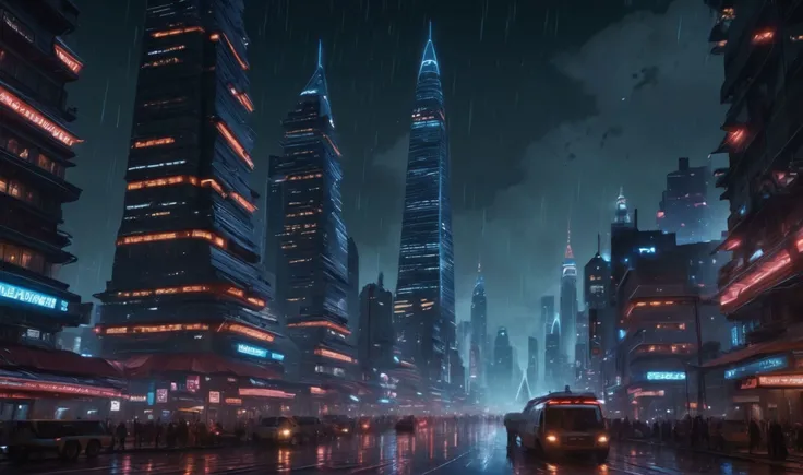 street view of a vast megacity of the future, towered by a huge ziggurat in its center background, neon lighting, night, rain, stars in the sky, space transport shuttles in the sky, 8k, detailed, realistic, cinematic, movie still, high resolution, photorea...