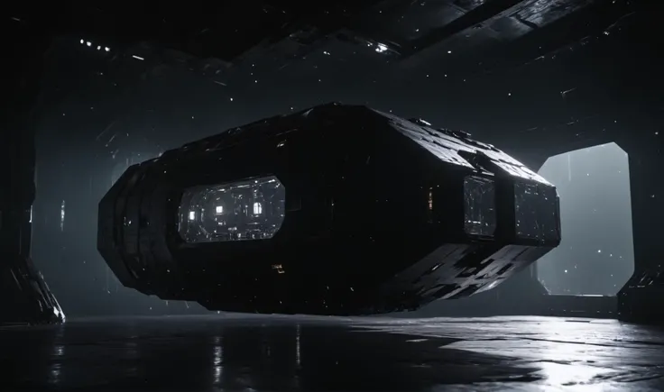 massive cuboid shaped generation starship made of black obsidian, light from small windows visible,  8k, detailed, realistic, cinematic, (high resolution, photorealistic, sharp:1.4), dark, dutch angle, wide lens <lora:add-detail-xl:1>  <lora:detailed_notri...