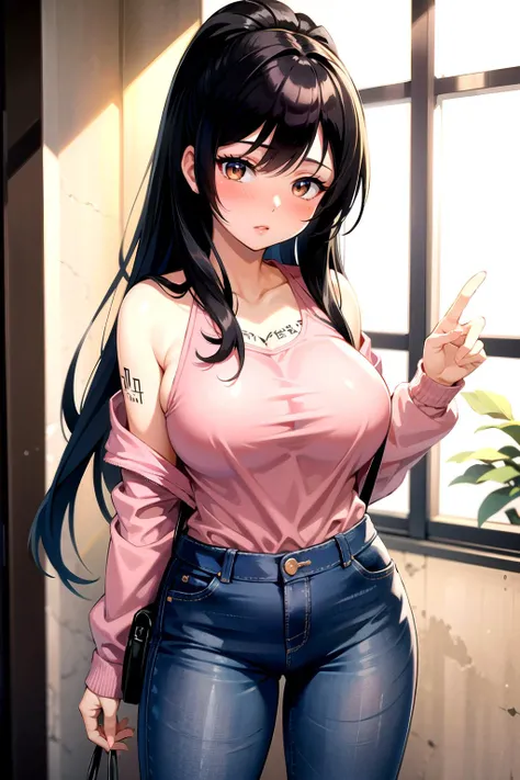 bellapoarch , blush, a woman, top tank shirt, jeans <lora:bellapoarch:1>