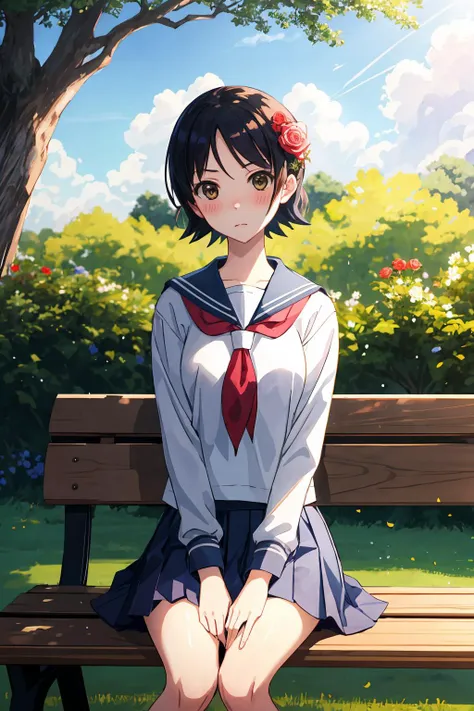 masterpiece, best quality, 1girl, solo, <lora:NamiHitou:0.7> NamiHitou, white school uniform, shaded face, blush, sitting on a wood bench, in a park, tree, blue sky, sunlight, rose bush, <lora:more_details:0.3>