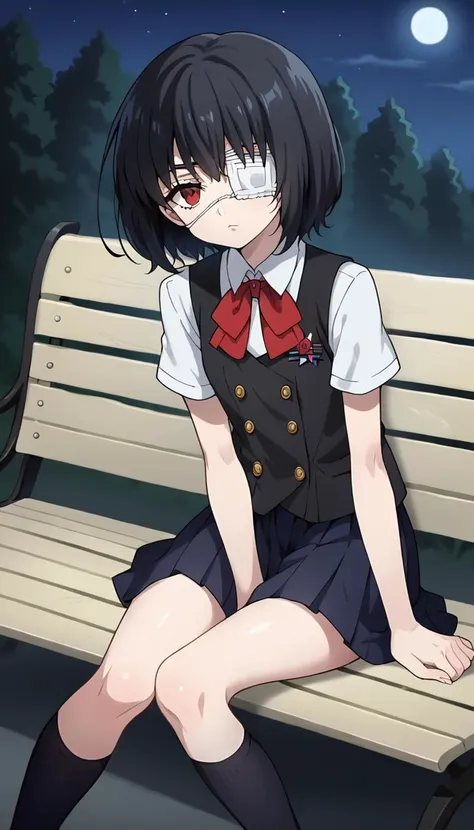 anime girl sitting on a bench in a park at night