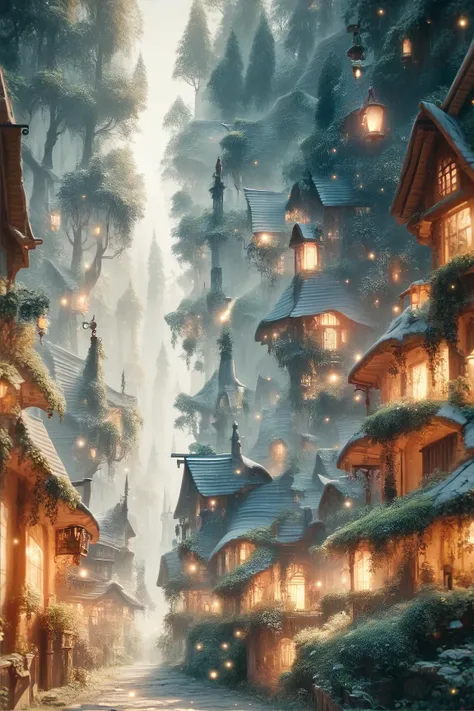 a painting of a village with a lot of lights on it