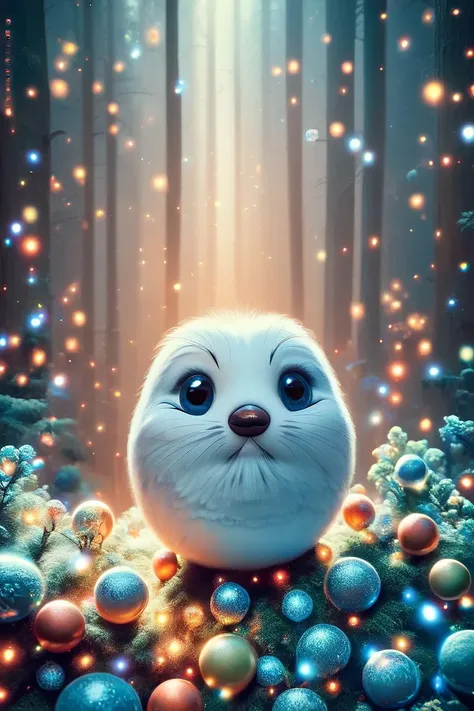 a white cat sitting in a forest surrounded by christmas balls