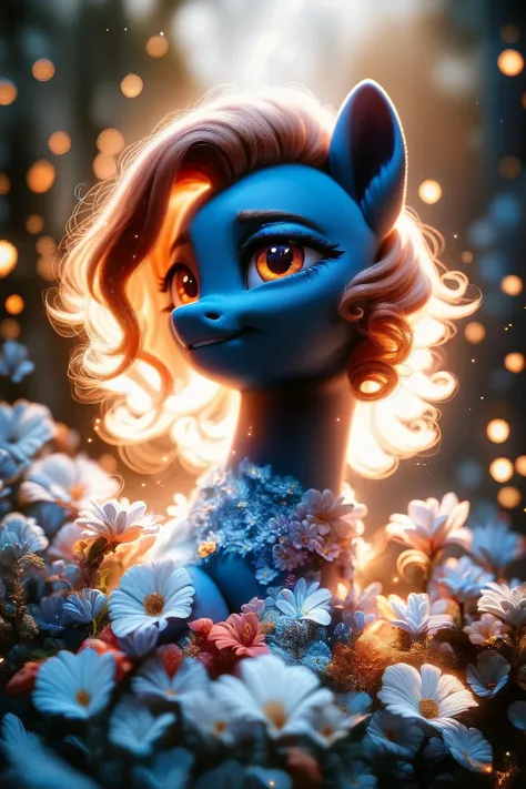 a close up of a pony with flowers in the background