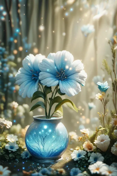 there is a blue vase with flowers in it on a table