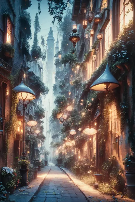 a street with lanterns and plants on the side of it