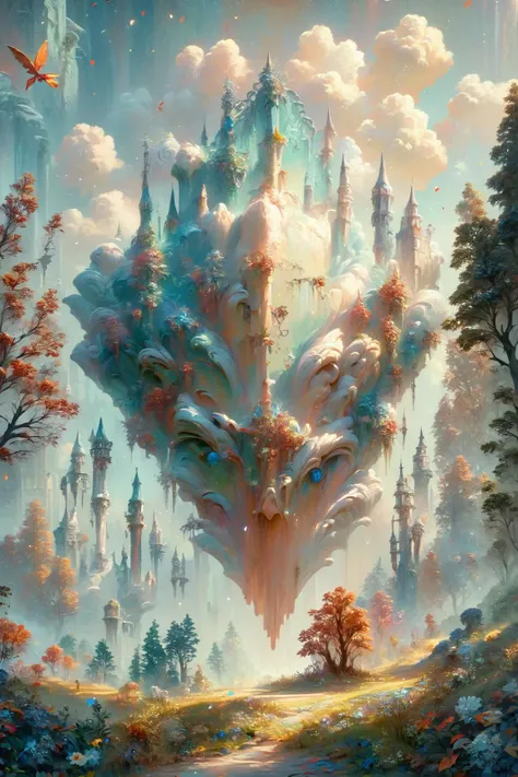 a painting of a castle in the sky with a tree in front of it