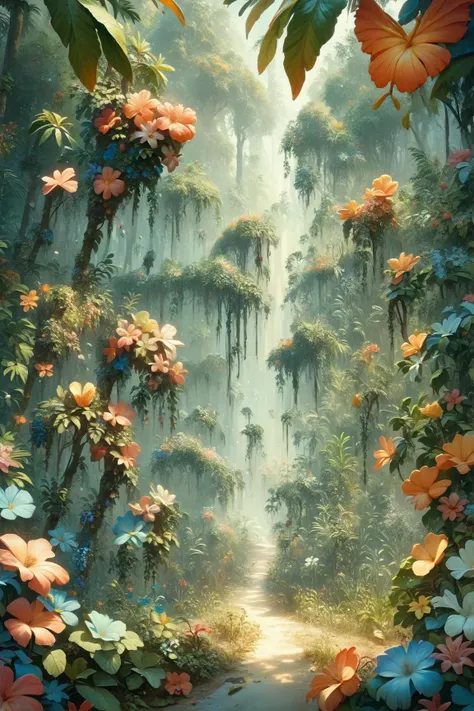 a close up of a pathway in a jungle with flowers