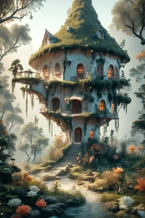 a painting of a house in the middle of a forest