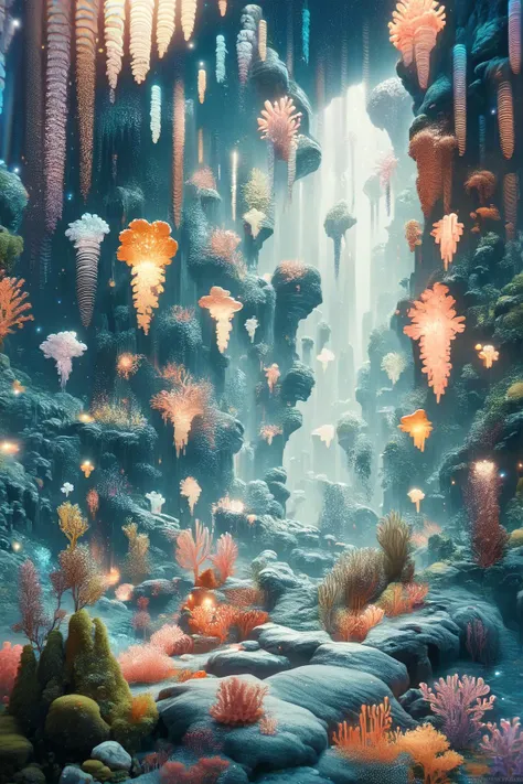 a painting of a cave with corals and other plants