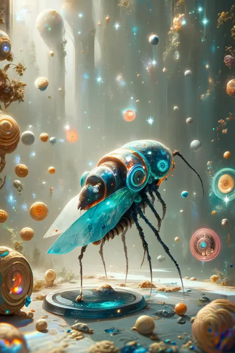 a close up of a bug with a lot of bubbles in the background