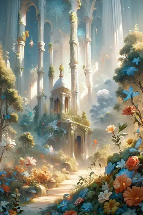 a painting of a castle surrounded by flowers and trees