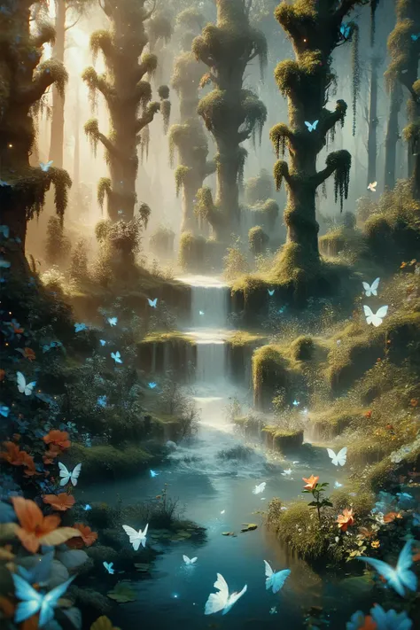 a painting of a stream in a forest with butterflies flying around