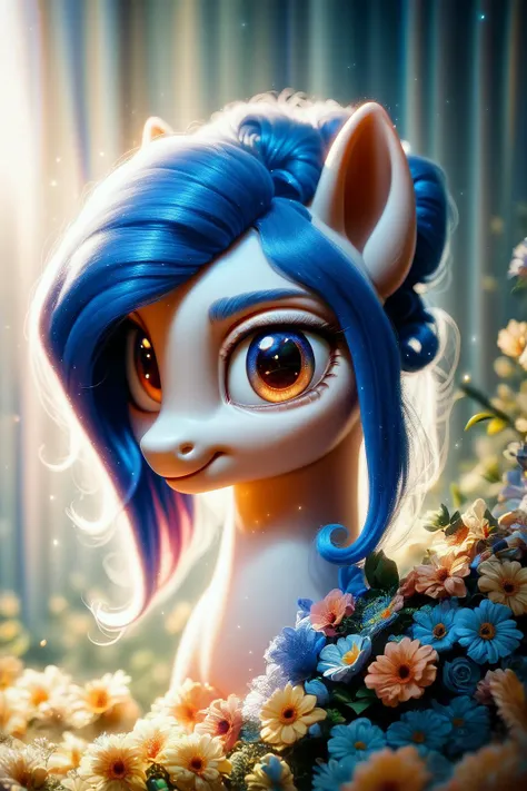 a close up of a pony with blue hair and flowers