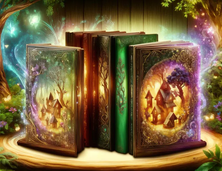 a close up of two books with a fairy scene on them