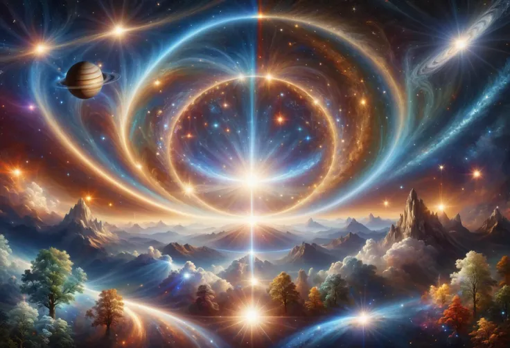 a painting of a spiral with planets and stars in the background