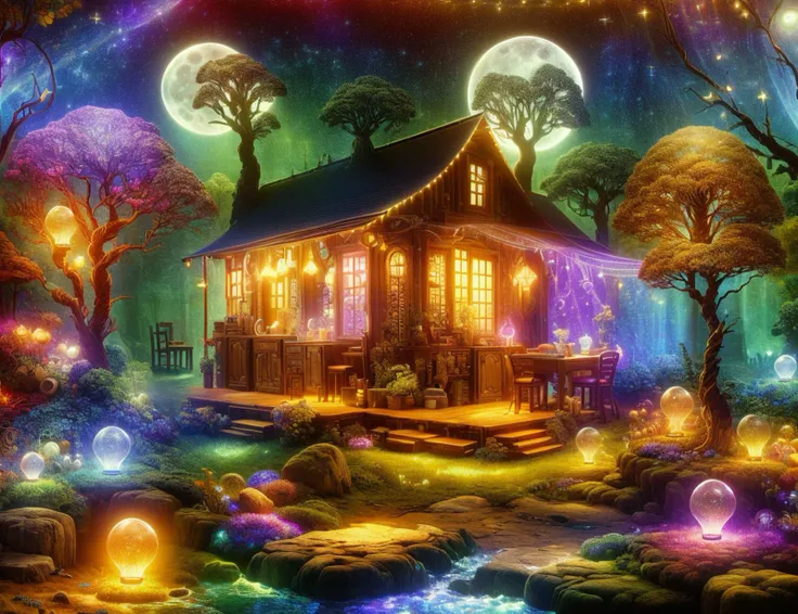 a painting of a house in the woods with a lot of lights