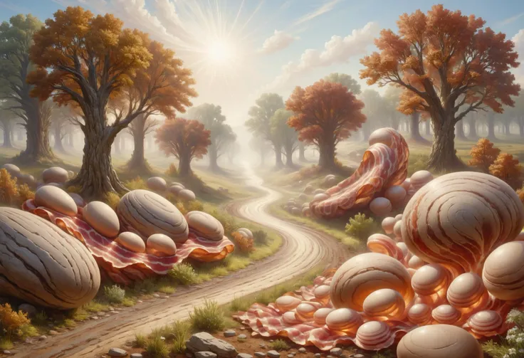 a close up of a dirt road with many eggs on it