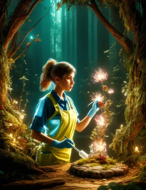 a woman in a yellow apron holding sparklers in a forest