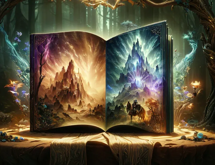 an open book with a picture of a fantasy scene inside