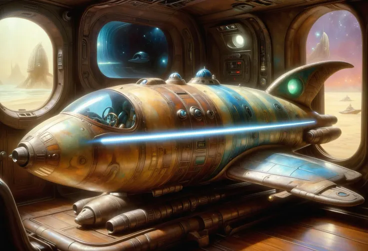 spaceship shaped like a fish with a light beam in its mouth