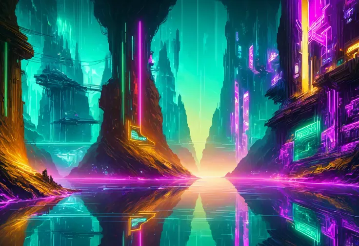 a futuristic city with neon lights and a lake in the middle