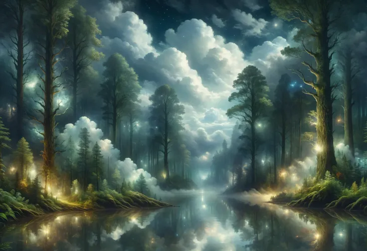 a painting of a river with trees and lights in the middle