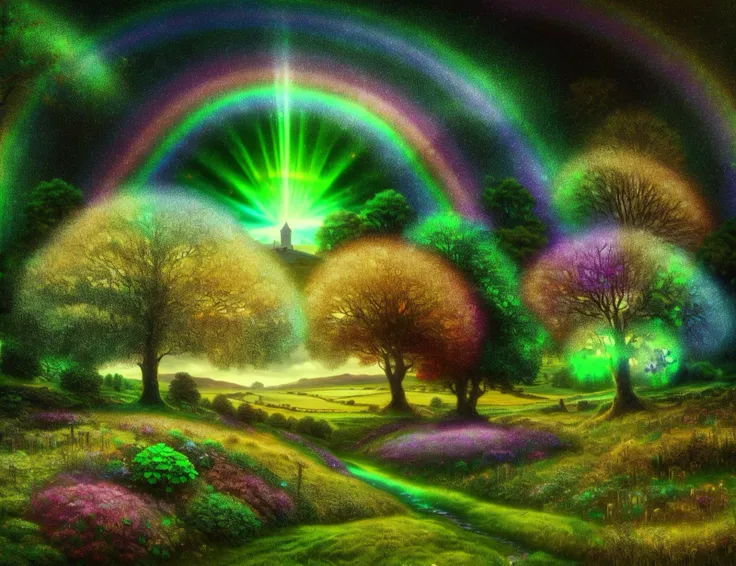 a painting of a rainbow over a field with trees and a rainbow