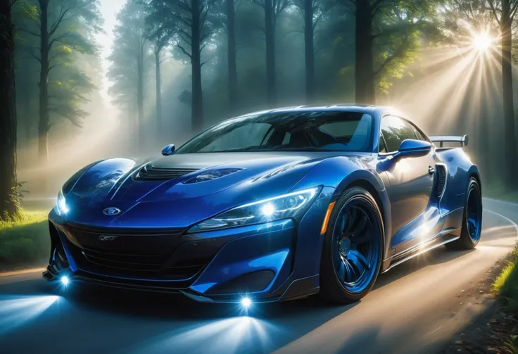 a blue sports car driving down a road in the woods