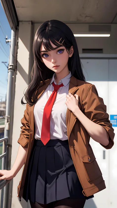 (best quality, masterpiece, perfect face, beautiful and aesthetic:1.2, colorful, dynamic angle, highest detailed face), Sakurajima Mai, Long Hair, Bangs, (Black Hair:1.5), Hair Ornament, (Purple Eyes:1.1), Hairclip, Rabbit Hair Ornament, Skirt, Shirt, Scho...