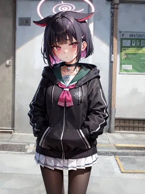 anime girl in black jacket and white skirt standing on sidewalk