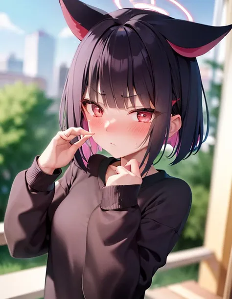 anime girl with black hair and pink ears posing for a picture