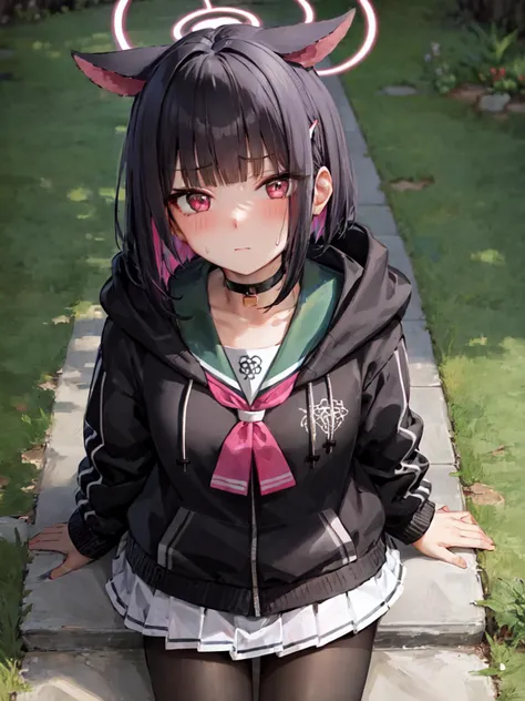 anime girl with horns and a black jacket sitting on a stone walkway