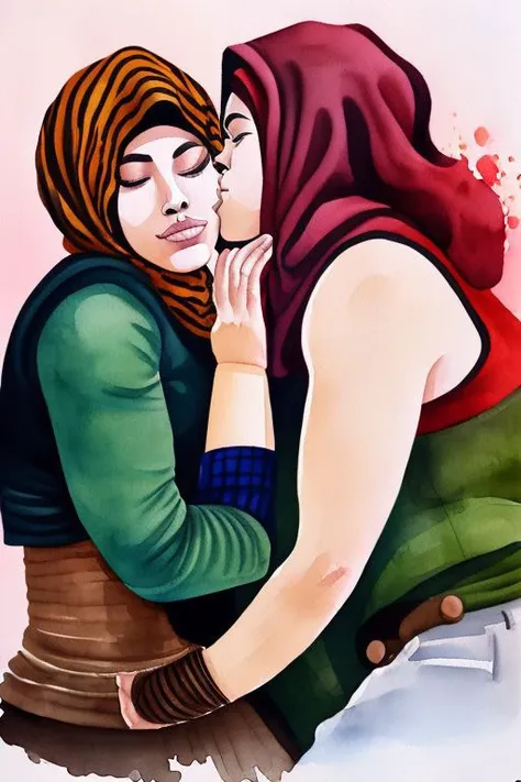 (oot fanart:1.1) (arabic gerudo valley 1girl:1.1) tribe woman kissing (ganondorf  villain 1boy:1.1) on the cheek kissingcheek hetero <lora:wcolors-step00001600:0.9> watercolor painting <lora:kissingcheek:1>