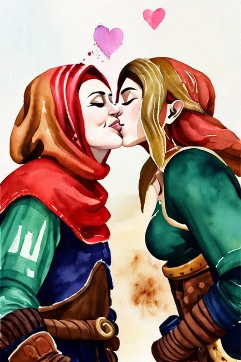 a painting of two women kissing each other with hearts above them