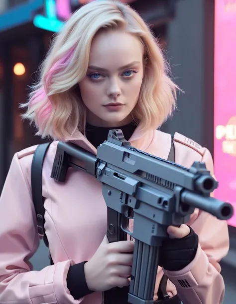 Minecraft style a woman with blonde hair is holding a gun, muted cyberpunk style, by Emma Andijewska, elle fanning as an android, photograph of a techwear woman, sadie sink, ellie bamber, elle fanning), postapocalyptic vibes, toned orange and pastel pink, ...