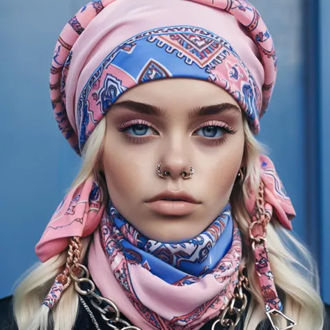 <lora:FF-WoMM-XL-FA-v0208-TE:1>, a mannequin wearing a pink hat and scarf, wearing a bandana and chain, portrait of nordic girl, septum piercing, close up portrait photo, aesthetic portrait, high quality portrait, inspired by Elsa Bleda, portrait of very b...