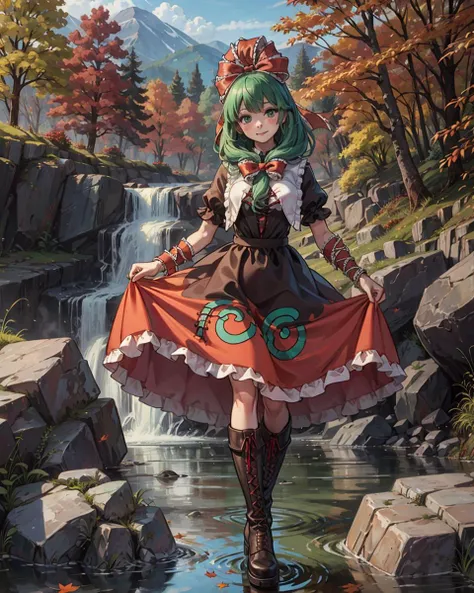 masterpiece, best quality, <lora:KagiyamaHina:1>, 1girl, kagiyama hina, solo, boots, short sleeves, front ponytail, green hair, puffy short sleeves, dress, smile, puffy sleeves, green eyes, water, outdoors, ribbon, looking at viewer, frills, autumn leaves,...