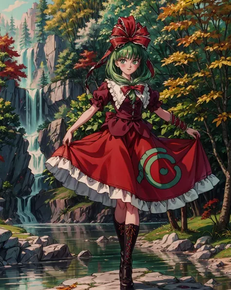 <lora:KagiyamaHina:1>,1girl, kagiyama hina, solo, boots, short sleeves, front ponytail, green hair, puffy short sleeves, dress, smile, puffy sleeves, green eyes, water, outdoors, ribbon, looking at viewer, frills, autumn leaves, leaf, cross-laced footwear,...