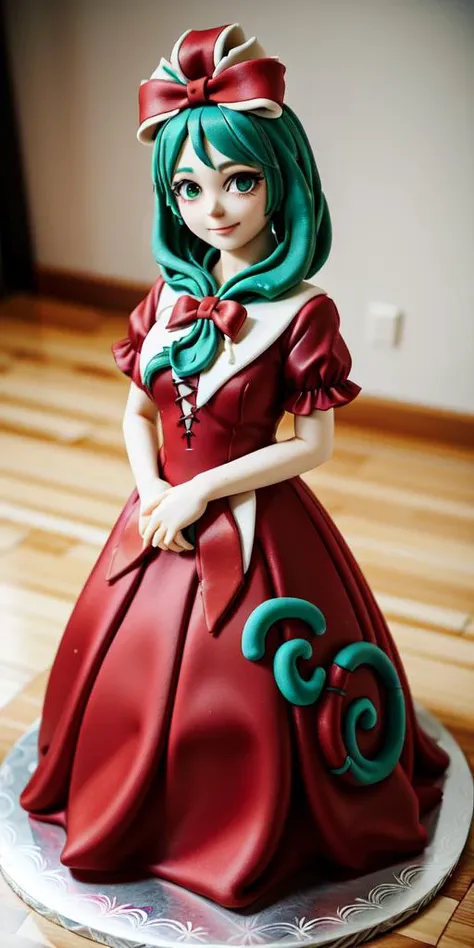 <lora:WhippedCreamTopStyle:0.2> WhippedCreamTopStyle,(CakeStyle:1.5) <lora:KagiyamaHina:1> dress, Marzipan cake shaped like kagiyama hina dress. <lora:CakeStyle:0.55>,green hair, green eyes, front ponytail,ribbon, (red:1.5) dress, frills, hair ribbon, arm ...