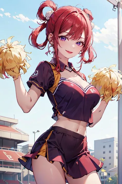 <lora:cheerleader_outfit:0.4> wearing cheerleader outfit, holding pom poms, purple clothes,, ultra detailed, masterpiece, best quality, aesthetic, detailed,, solo, seductive smile, red lips,
1girl, purple eyes, red hair, blunt bangs, medium breasts, <lora:...