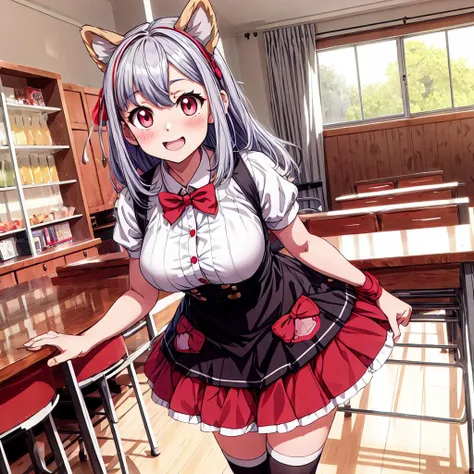 kira mimi,solo,1girl,<lyco:kira mimi:0.7>,1girl, solo, animal ears, skirt, long hair, open mouth, bow, waitress, smile, breasts, looking at viewer, apron, bowtie, red bow, shirt, large breasts, red skirt, short sleeves, indoors, leaning forward, puffy slee...