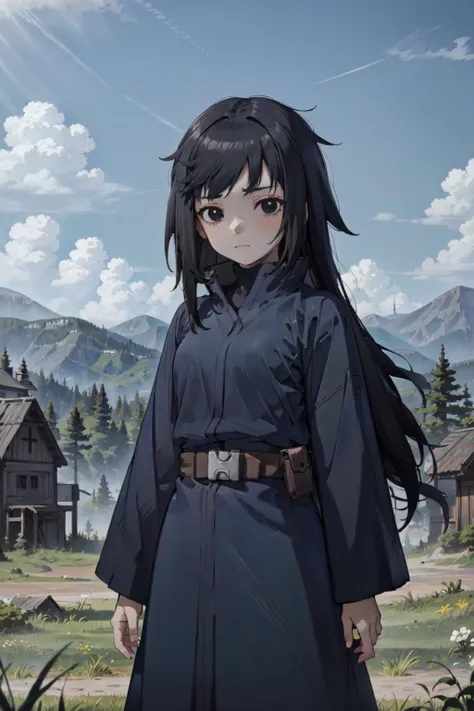 <lora:NanashiUchiha:1>, Nanashi Uchiha, 1girl, long hair, black hair, best quality, blue kimono, high collar, village, black eyes, outdoors, day, clouds, belt, pouch