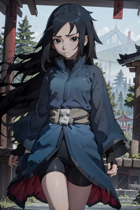 <lora:NanashiUchiha:1>, Nanashi Uchiha, 1girl, long hair, black hair, best quality, blue kimono, bike shorts, wide sleeves, fingerless gloves, black eyes, looking away, expressionless, indoors, (temple), shrine